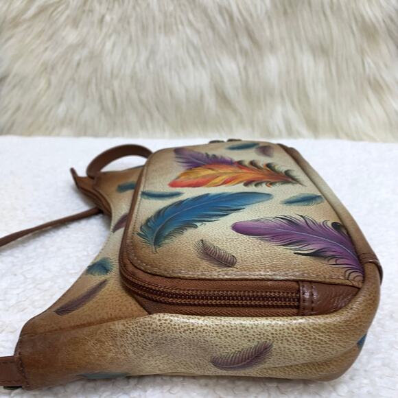 ANUSCHKA Colorful Small Hand Painted Leather "FEATHERS" Zip Top Organizer XBody - Picture 2 of 16